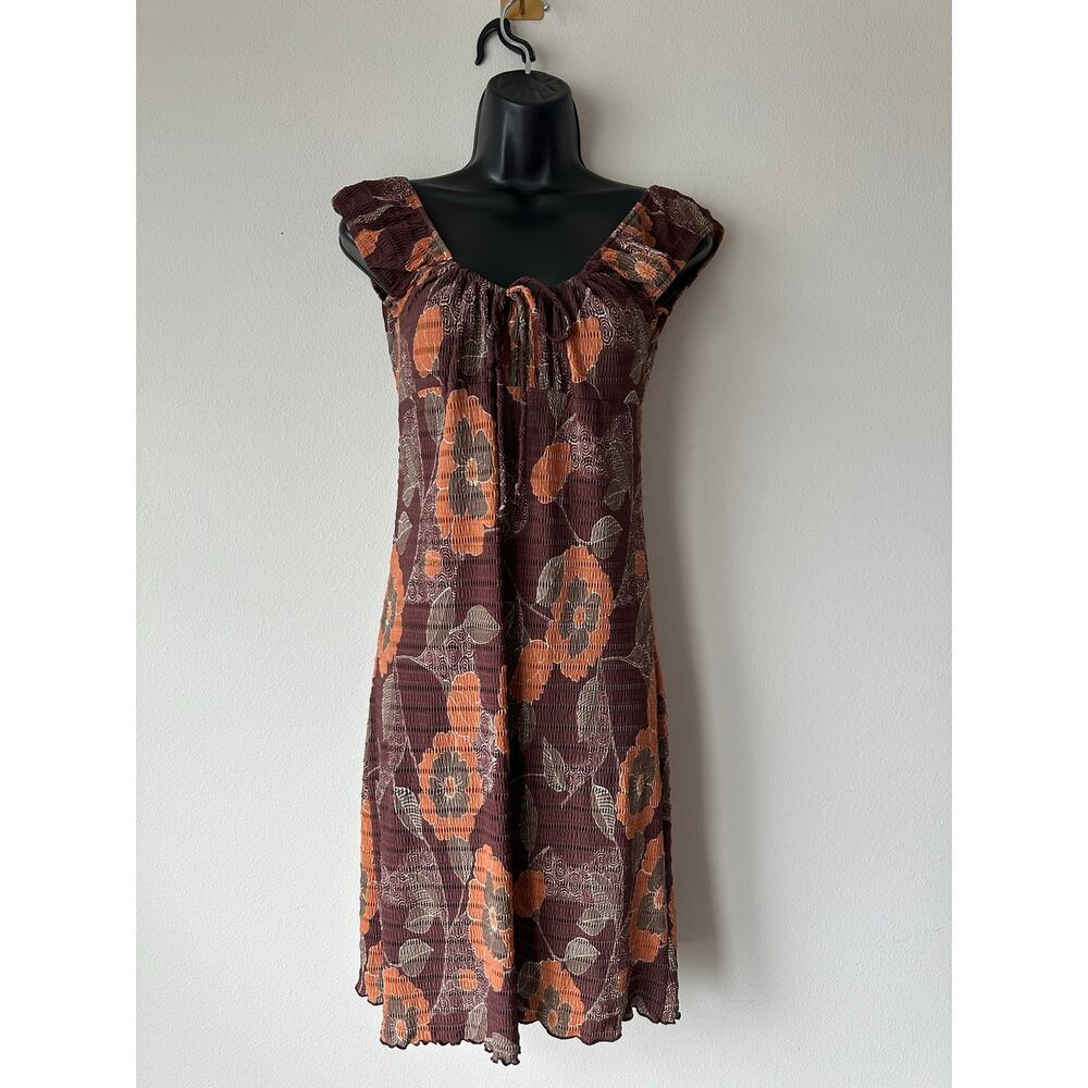 Y2K Brown Floral Crinkle Midi Dress Boho Cottagecore Fairy Grunge Made USA M